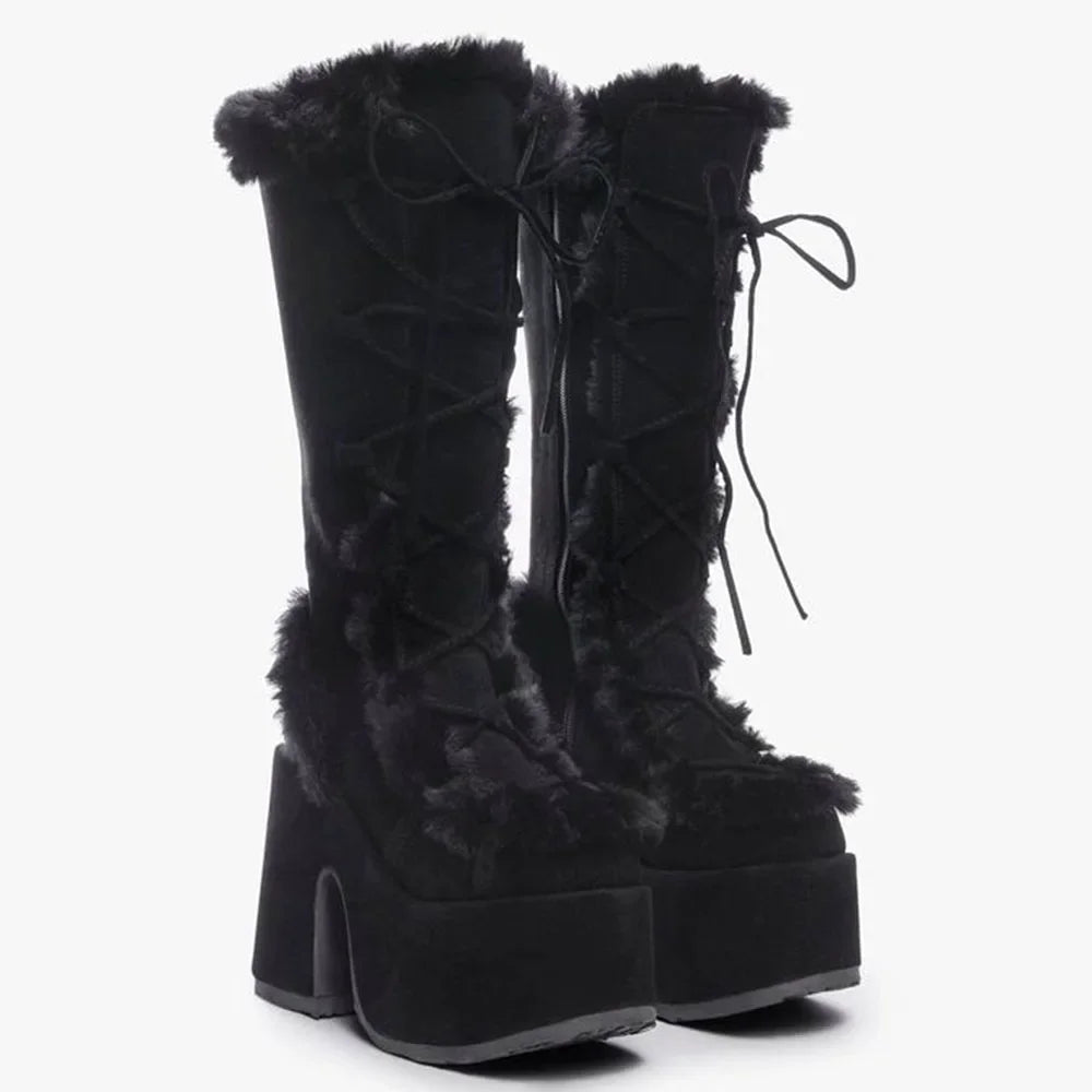 Winter Big Size 43 y2k White Punk Style Women's Faux Fur Chunky Platform Boots Gothic Black Block High Heels Shoes