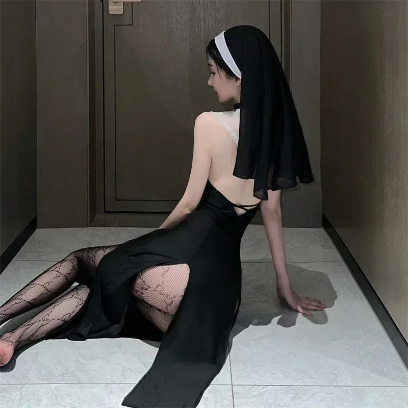 Sexy Nun Cosplay Halloween Costume Kawaii Lace Lingerie Clothing Anime Goth RolePlay Outfit Woman Vintage High Slit Dress Suit