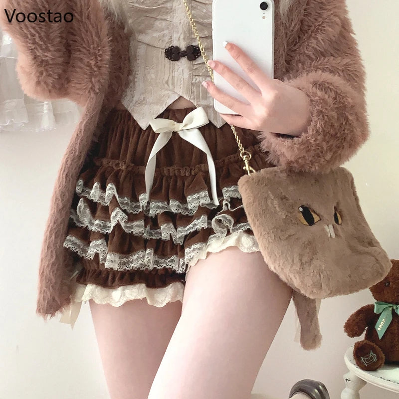 Autumn Winter Sweet Lace Ruffles Women Lolita Safety Short Pants Cute Knickers Velvet Princess Underpants Girl Harajuku Bloomers