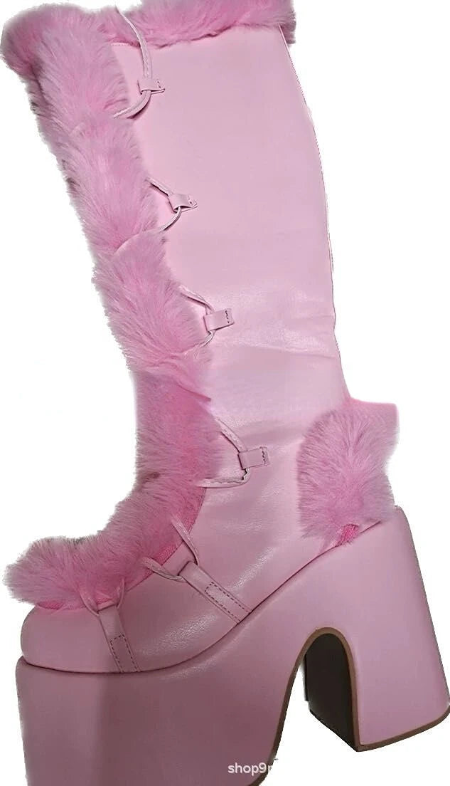New Winter Women Snow Boots Platform High Heel Faux Fur Lady Shoes Female Plush Warm Non-slip Mid Calf Boots Goth Shoes