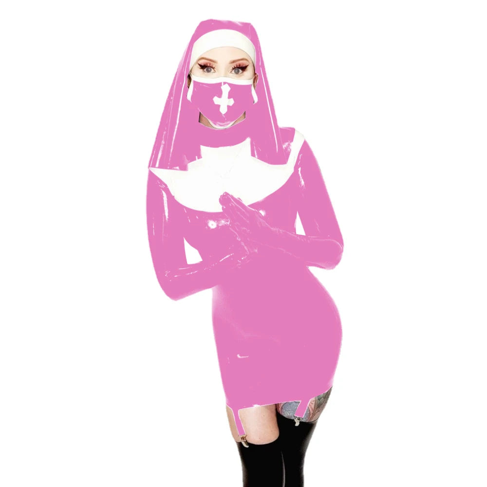 Sexy Nun Cosplay Long Sleeve Bodycon Mini Garter Dress Vinyl PVC Leather High Neck Nun Dress Outfit Halloween Nun Uniform Suit
