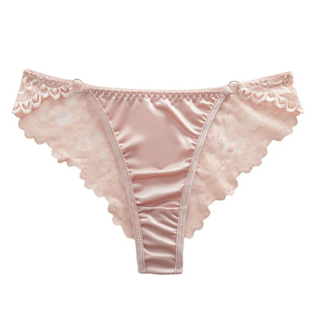 1pc Women's Satin Silky Knickers Sexy Bikini Briefs Underwear See Through Lace Panties Low Waist Female Thongs