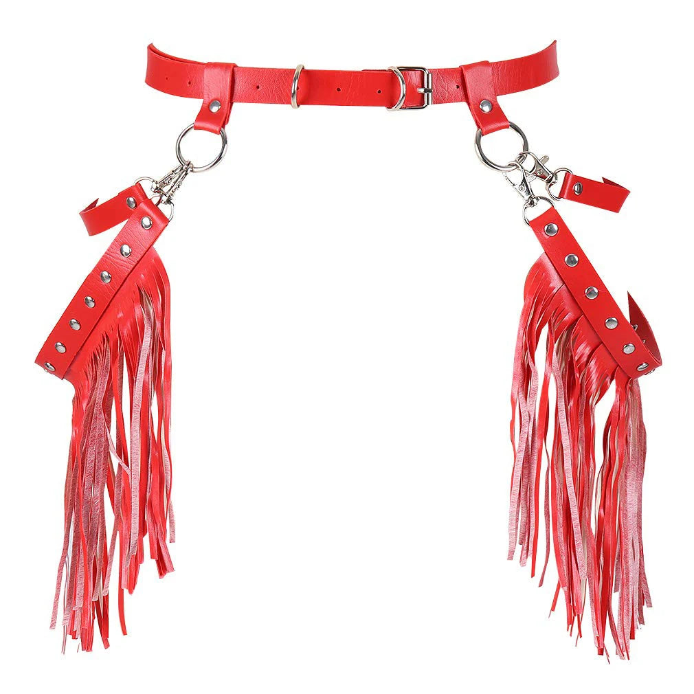 Women Fashion Leather Harness Waist Belt Tassels Short Leather Skirt Pu Leather Decorative Waist straps Goth Clothing Accessorie