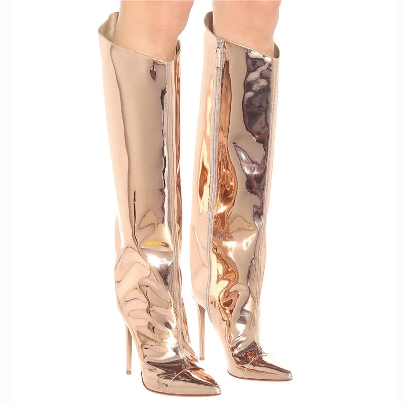 Knee High Boots Candy Colors Mirror Leather Women Knee High Boots High Heels Stilettos Runway Shoes for Women High Heel Boots