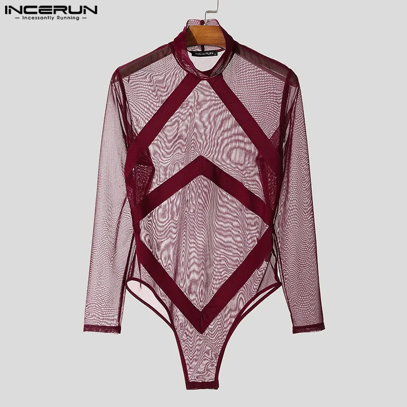 Fashion Casual Men's Jumpsuits INCERUN Perspective Mesh Splicing Strap Design Bodysuit Sexy Male Hot Selling Thin Homewear S-3XL