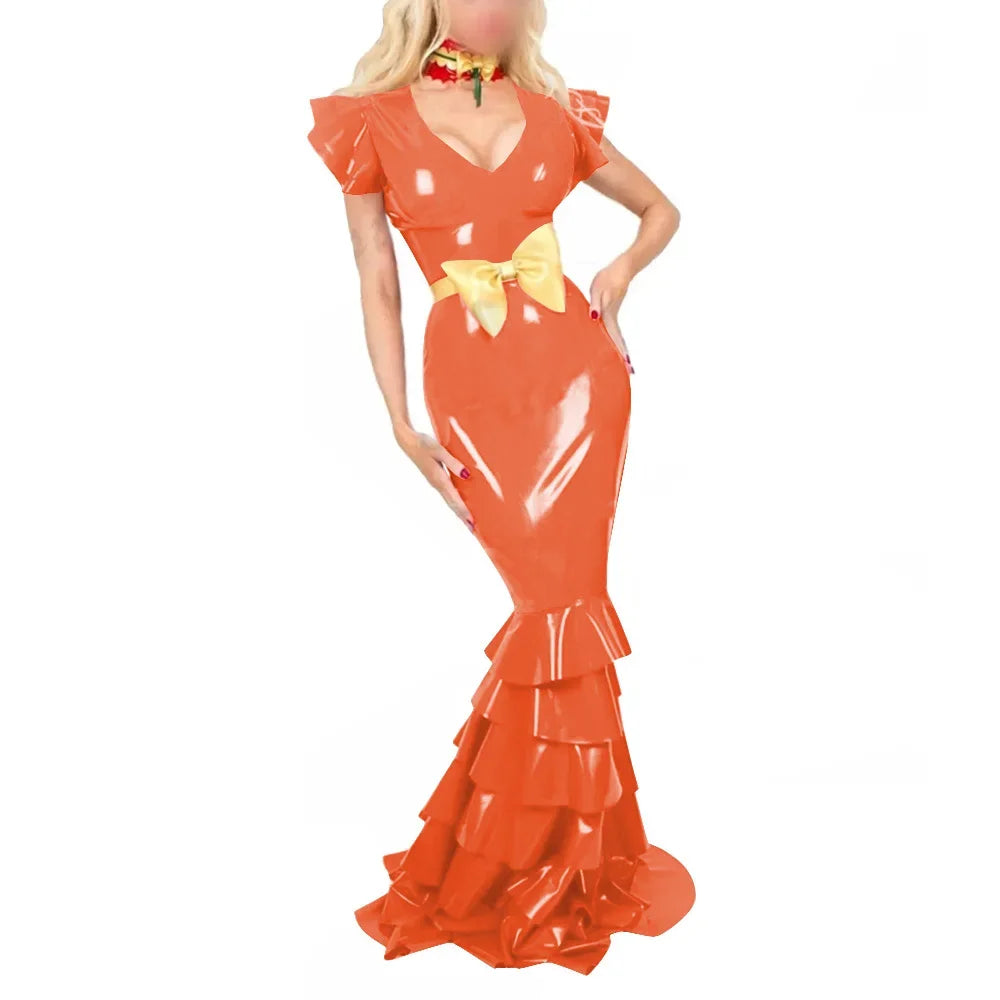 Plus Size Sexy V Neck Hobble Dress Vestido PVC Leather Short Sleeve Slim Ruffled Design Bodycon Maxi Dress Banquet Venue Gown