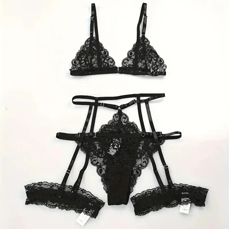 ASHBURN 3 Piece Set Sleepwear Suit Sexy Lingerie Women Thin Transparent Lace Bra Set See Through Female Erotic Underwear New