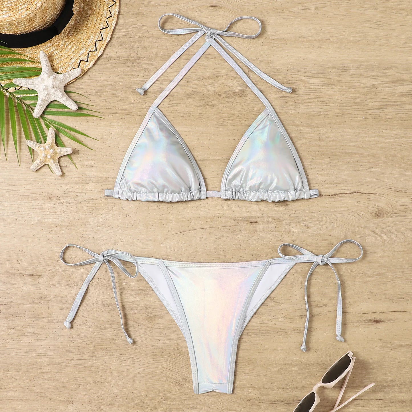 Melphieer 2024 Fashion Gold Shiny Beach Bikini Scrunch Butt Bather Bikinis Woman Swimwear Bathing Suit Beachwear S~XL E1248