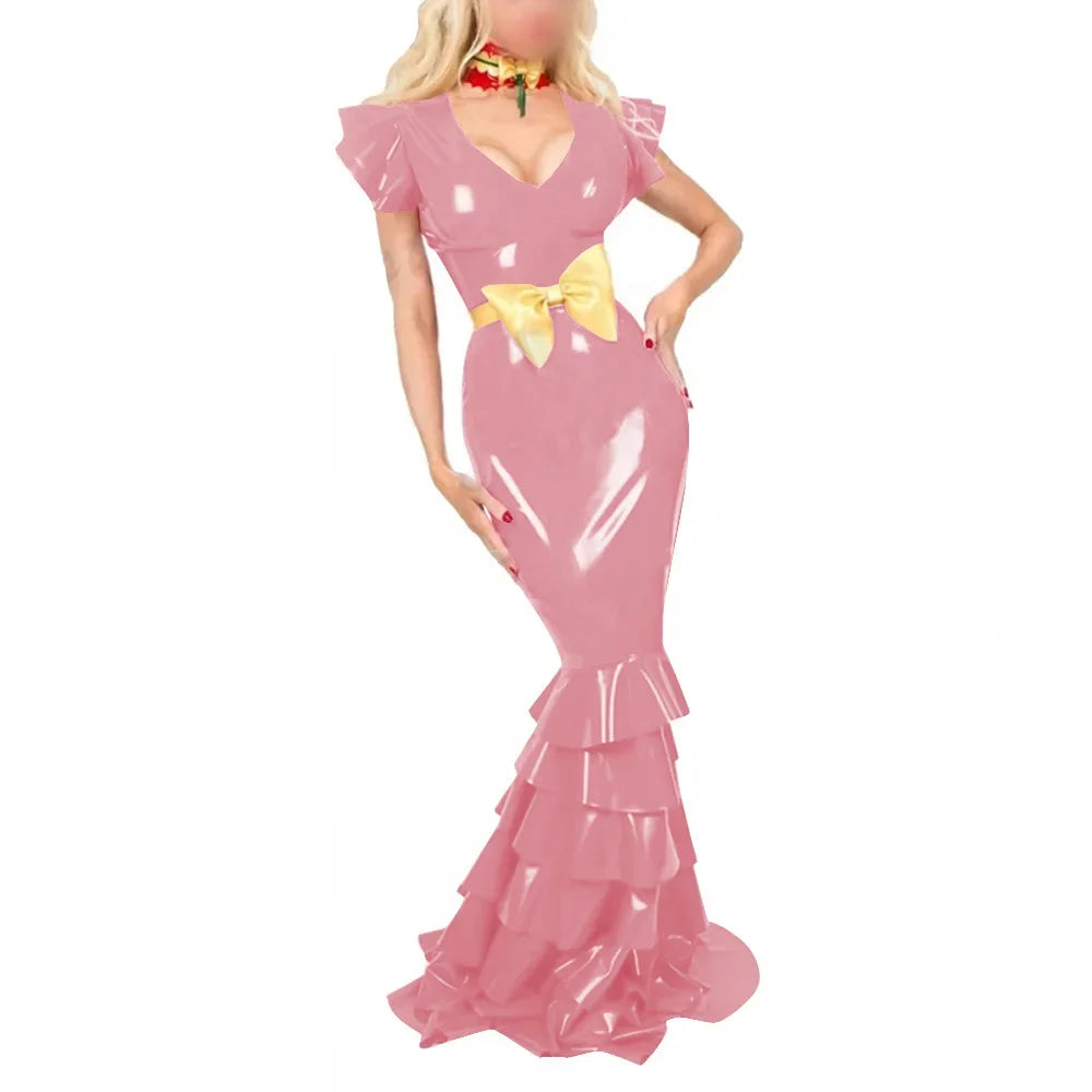 Plus Size Sexy V Neck Hobble Dress Vestido PVC Leather Short Sleeve Slim Ruffled Design Bodycon Maxi Dress Banquet Venue Gown