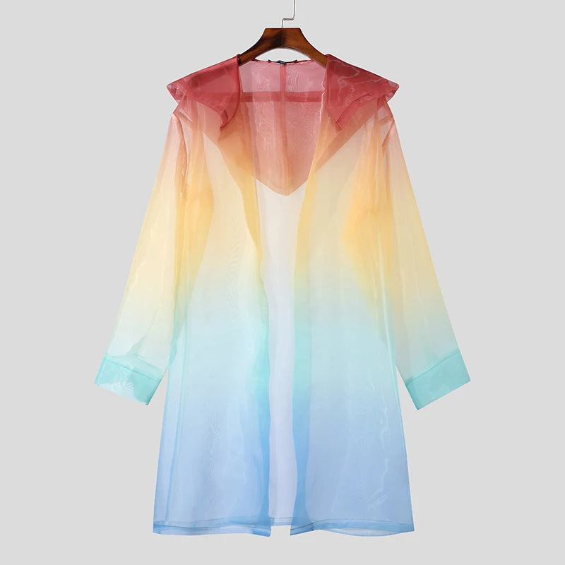 2024 Men Trench Tie Dye Gradient Hooded Long Sleeve Transparent Open Stitch Casual Coats Streetwear Fashion Male Cardigan INCERU