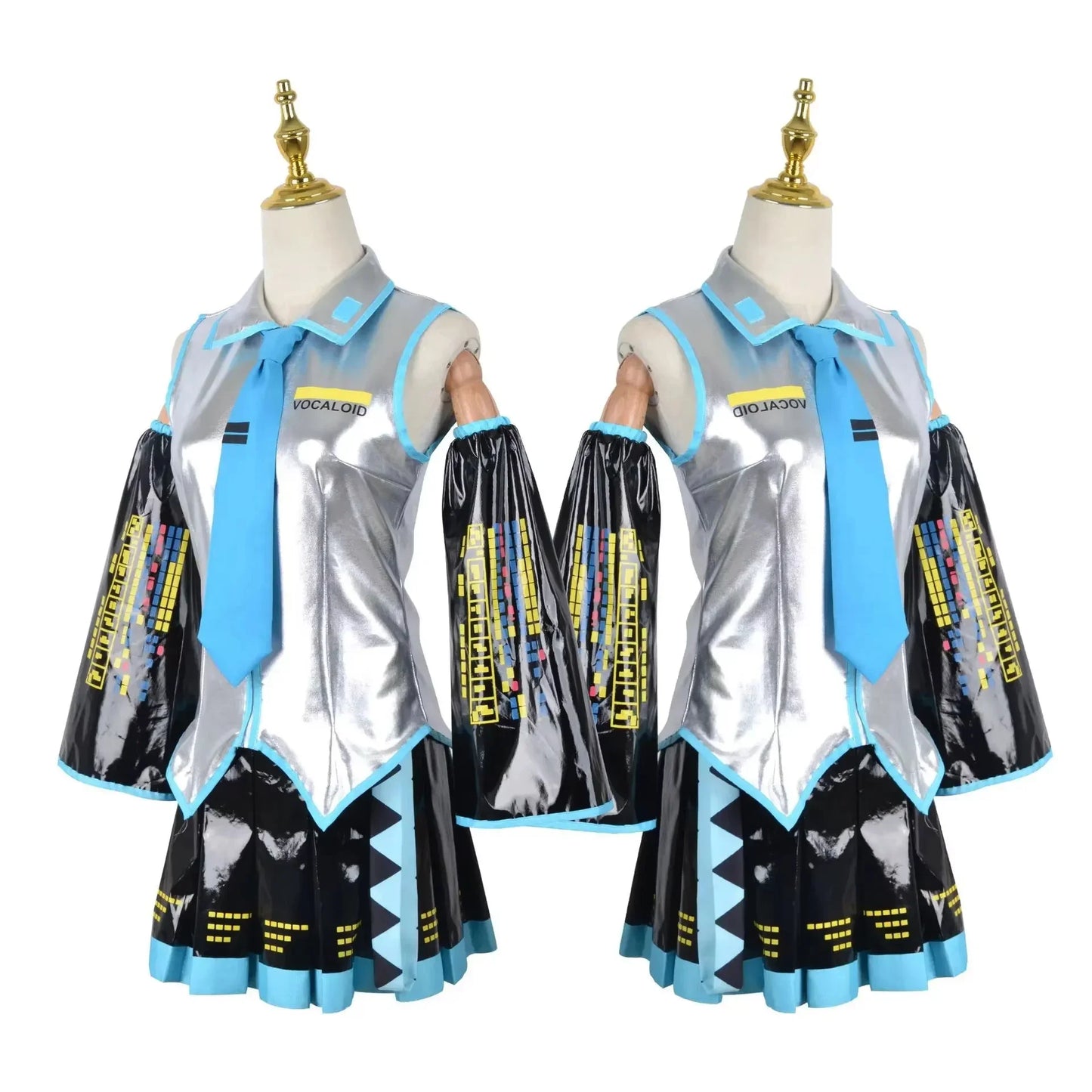 Miku Cosplay Silver Leather Fabric Suit Hatsune Miku Cosplay Headwear Costume JK Sailor Dress High School Halloween Uniform Wig