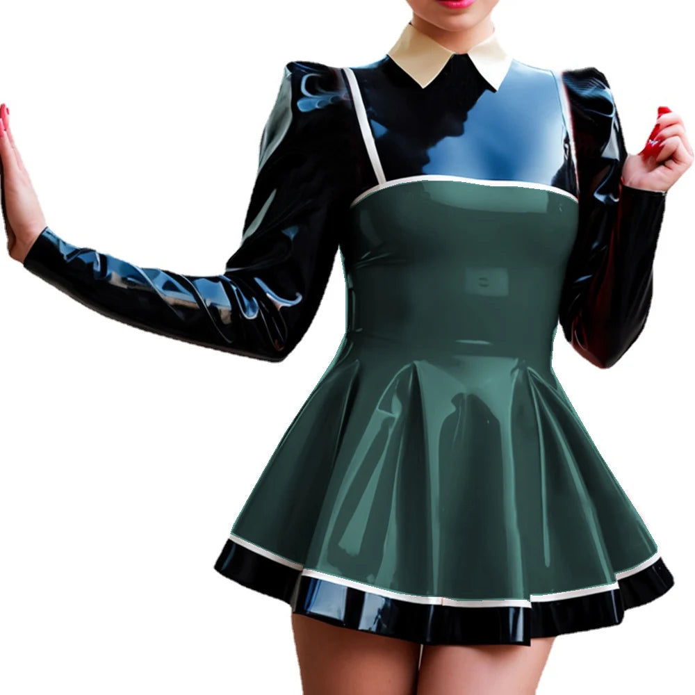 Wetlook-Glossy PVC Patchwork Mini Dress, Lapel Neck, Puff Sleeve, A-line Dress, Faux Latex, Long Sleeve, High Street, Party Club