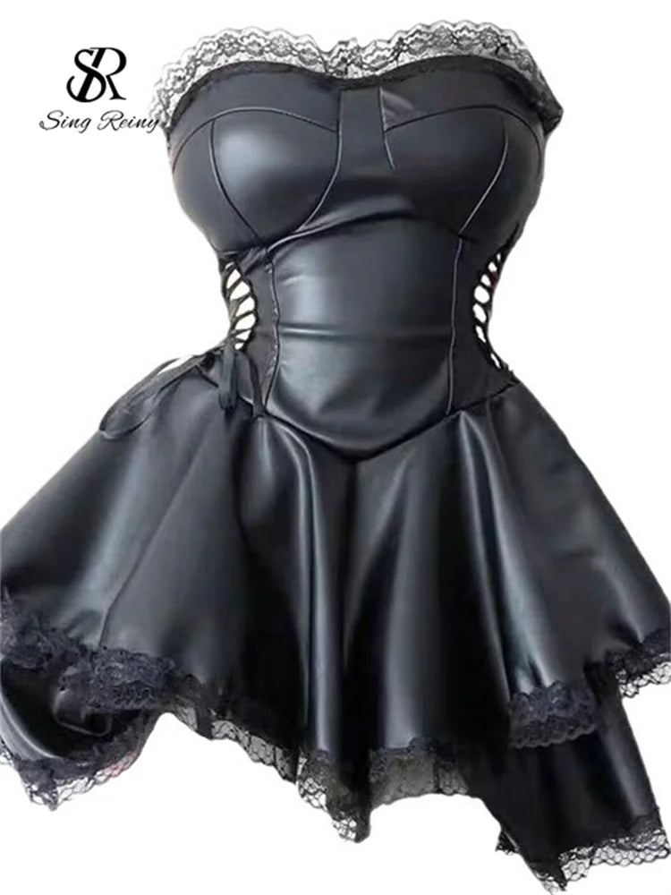 SINGREINY Leather Sheath Sexy Dress Strapless A-line Solid Lace Up Ruffles Dress Fashion Women PU Spliced Lace Sensual Dress