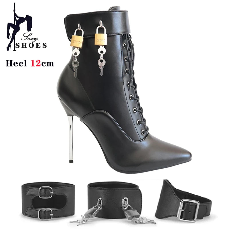 New High Heel 12cm Stilleto Sexy Ankle Boots Pointed Toe Two Lockable Padlocks Women Shoes T Show Thin High Heels Plus Size