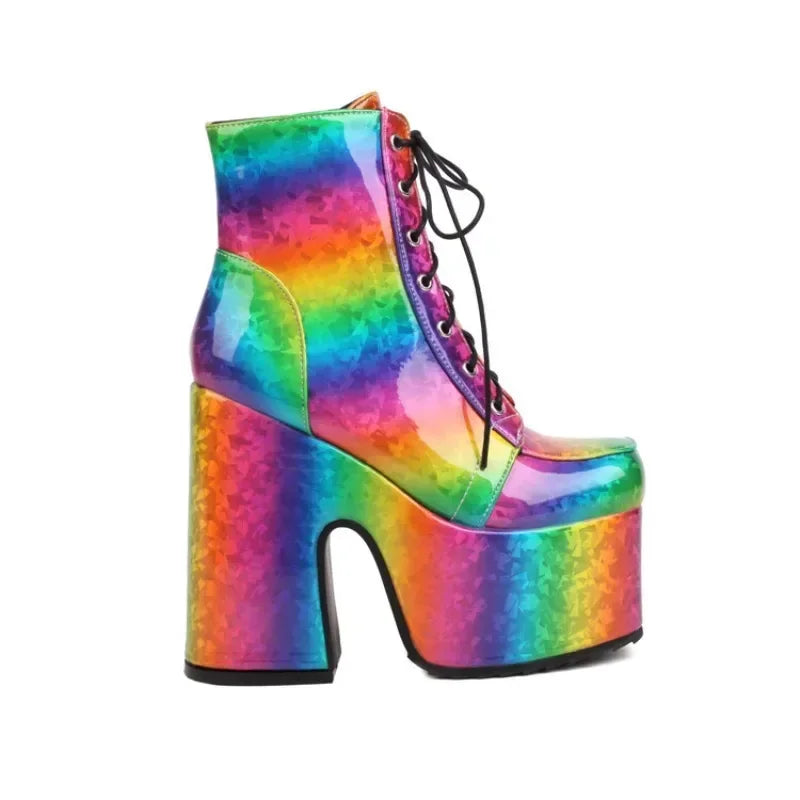 Women Rainbow Boots Colorful Gradient Lace-up Platform Gothic Halloween Bat Shoes High Heels Winter Warm Ankle Motorcycle Boots