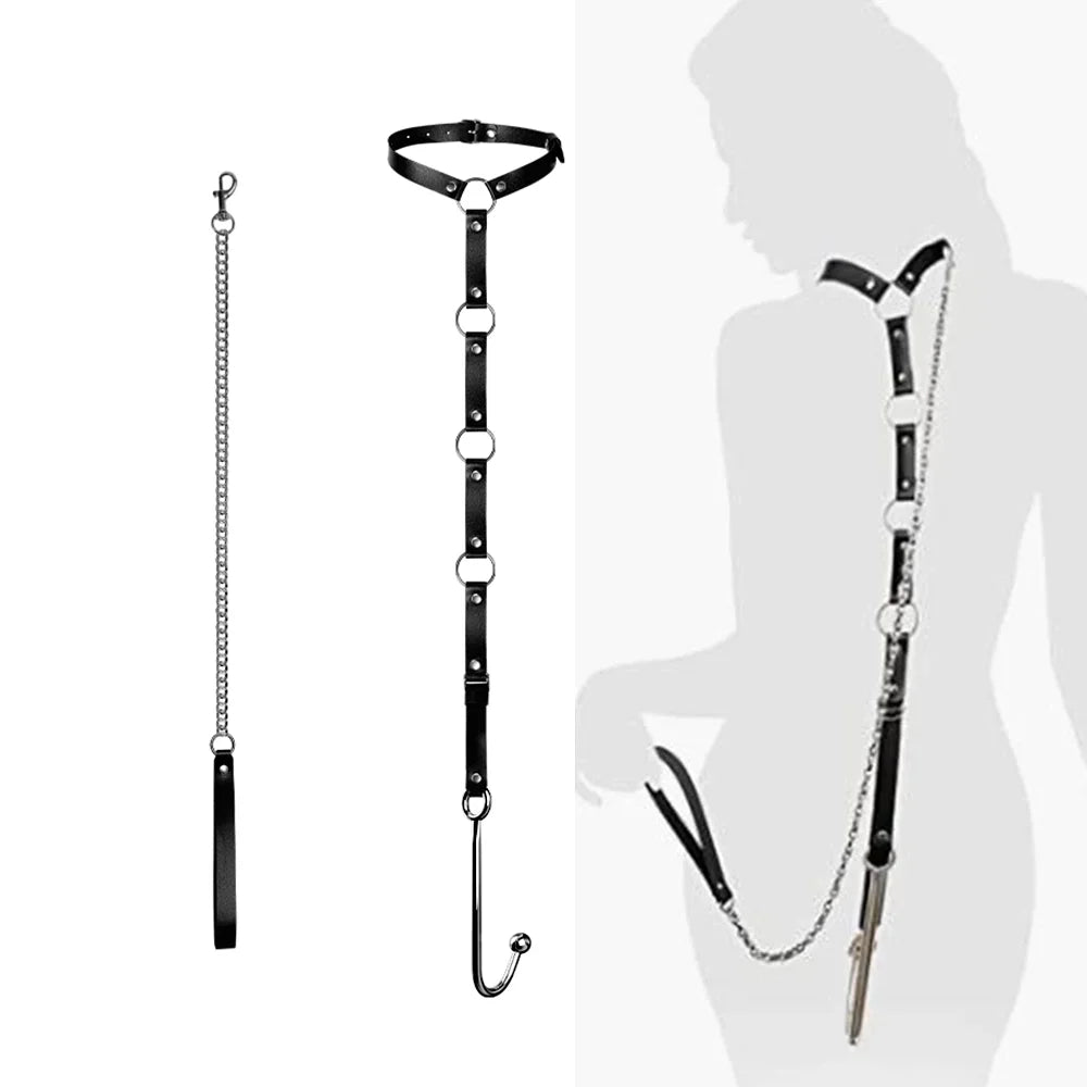 JIUAI Metal Anal Hook with Leather Collar Sexual Kits BDSM Erotic Bondage Restraint Game for Fetish Couples Adult Anal Sex Toys