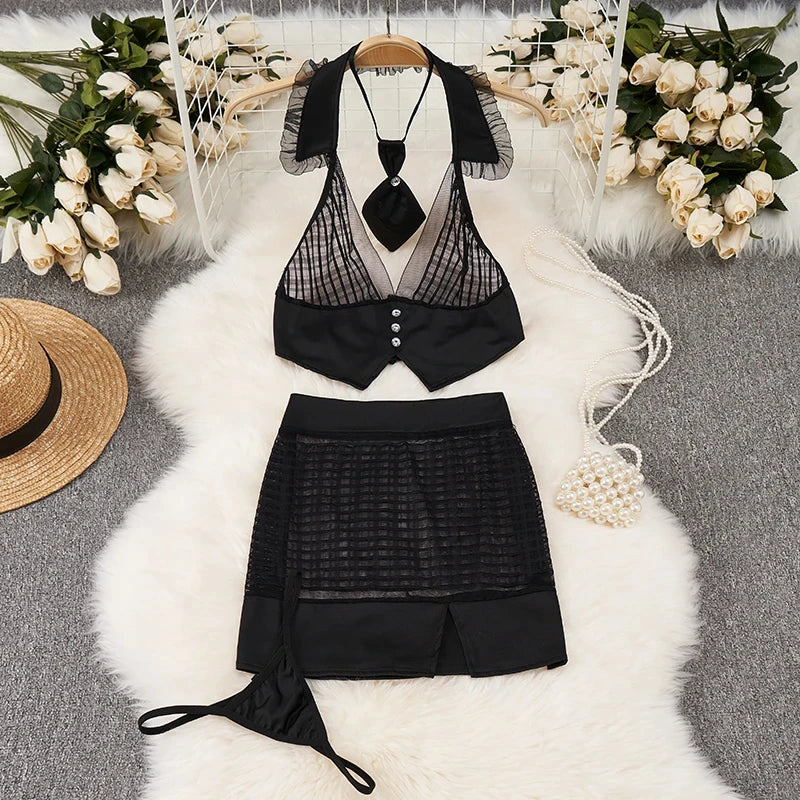 Toucheart Preppy Style Sexy Uniform Sets Women Sexy Uniform Suit Sheer Top+Lace Up Mini Skirt+Thongs Hollow Cosplay Porn Suits