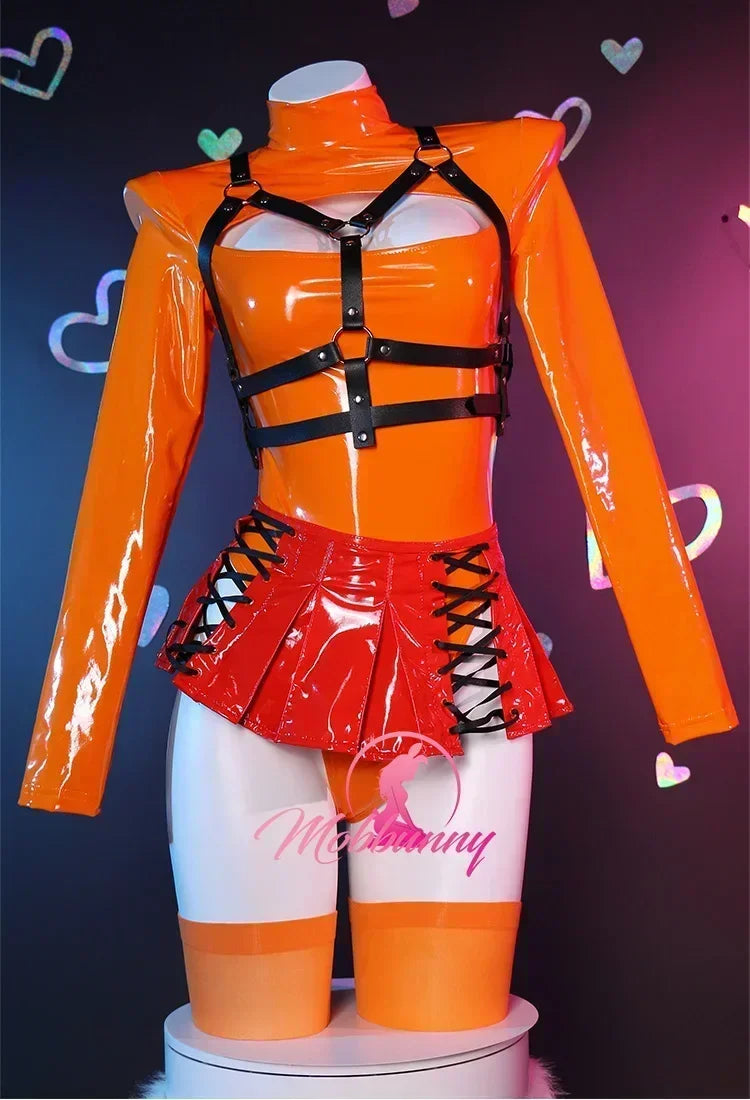 Women Velma Cosplay Costume Women Lingerie Orange Chest Open Bodysuit and Lace-up Mini Skirt with Socks