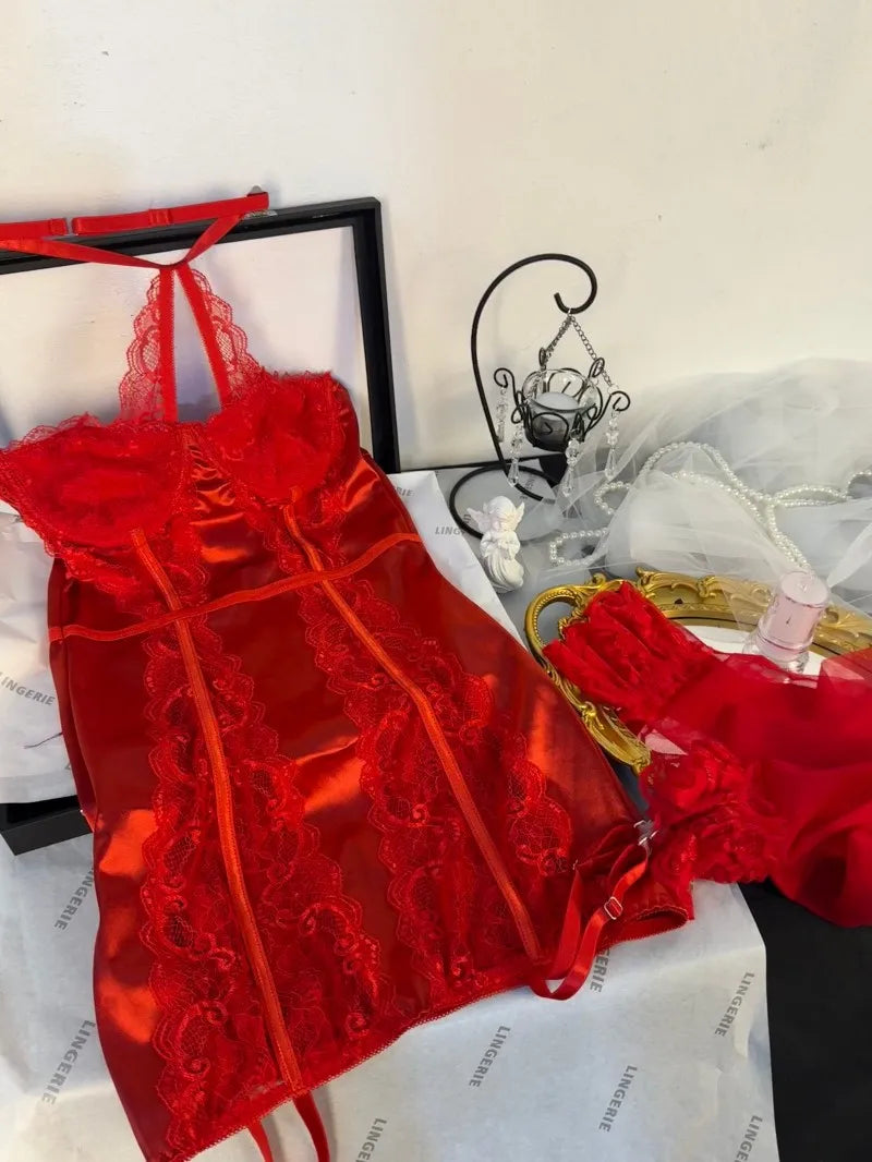 Toucheart Sexy Lace Jumpsuit Set for Women Solid Color Mesh Underwear Stocking Sexy Garters Nightgown Strapless Underwear Set