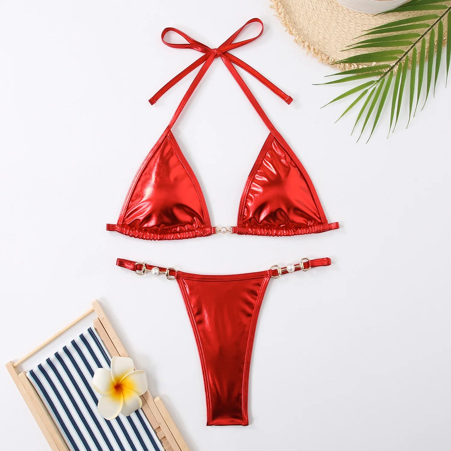 Metallic Halter Triangle Bikinis Sets Thong Swimsuit