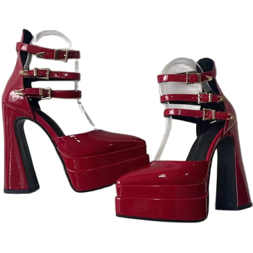 Pointed Toe Patent Leather Roman THICK HEELS Women's Platform Summer Thick High HeelS