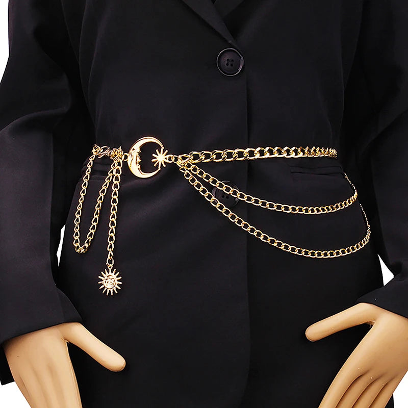 1Pc Women Waist Chain Belt for Dress Skirt Belts with Moon Star Waistbands Gold Silver Ladies Clothing Accessories