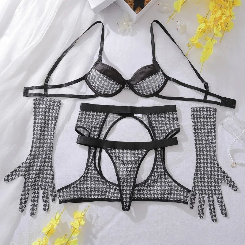 Toucheart Sexy Lingerie Suit for Women Sexy Bra Set Fashion Plaid Patchwork Sexy Lingerie Four-piece Set Women's Underwear Set