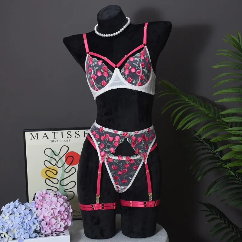 Ashburn Sexy Lingerie Suit for Women Mesh See-through Embroidery Contrast Color Sexy Temptation 4-piece Bra Set Sexy Underwear