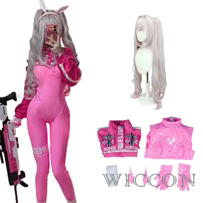 Game Nikke Alice Cosplay Costume Wig Shoes Sexy Latex Catsuit Bodysuit Pink Jumpsuit Jacket Suit For Women Girls Maillot