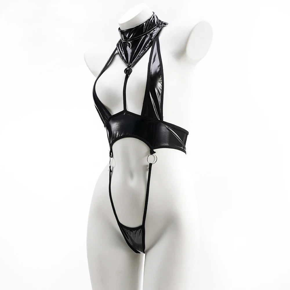 Sexy Black PU Bodysuit Lingerie Open Chest One Piece Swimwear Pool Party Swimsuit Pool Party Costume