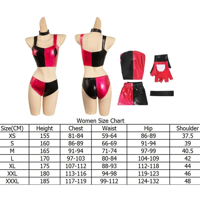 Quinzel Cosplay Costume Adult Women Jumpsuit Swimsuit Dress Clown Hat Eyemask Outfits Halloween Carnival Disguise Party Suit