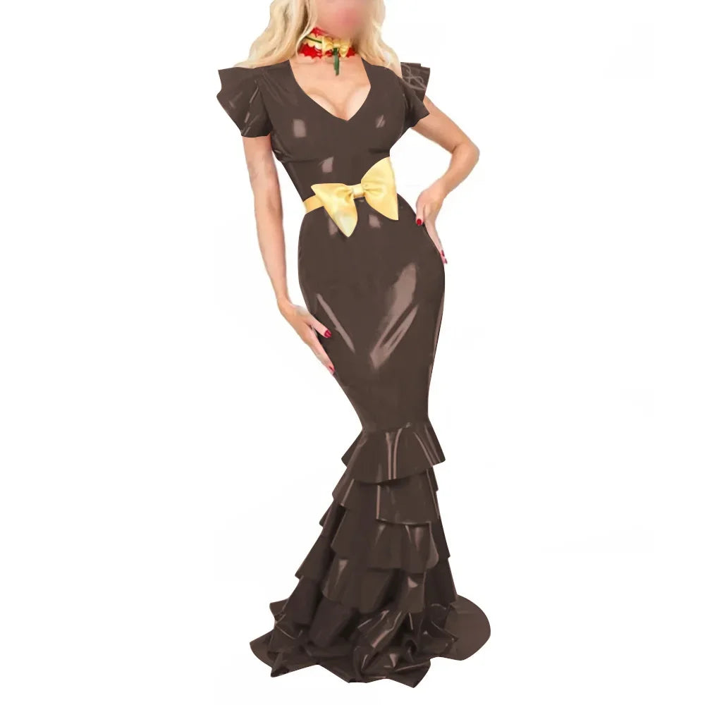 Plus Size Sexy V Neck Hobble Dress Vestido PVC Leather Short Sleeve Slim Ruffled Design Bodycon Maxi Dress Banquet Venue Gown
