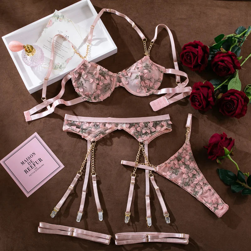 Laced Bra Lingerie Sexy Floral Embroidery Underwear Transparent Fairy Set Woman 2-Piece Boho Bra + Panty Underwear Set Intimates