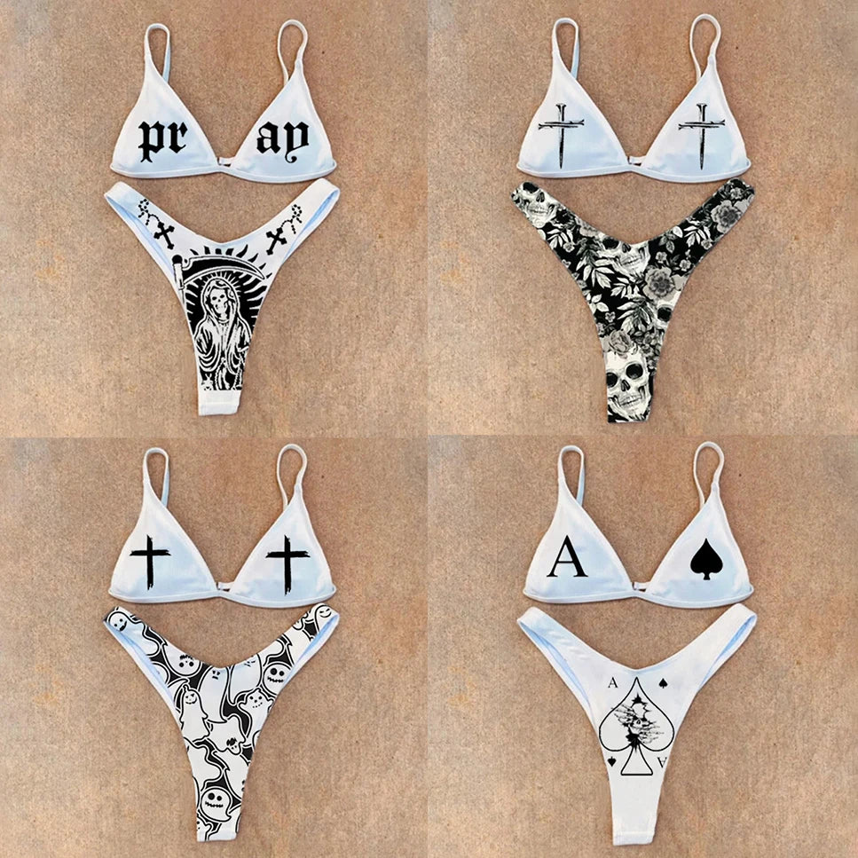 Gothic Bikini 2025 Women Skull Cross Print Bra Thong Swimsuit Split Bathing Suit Underwear Y2K Bikinis Swimwear