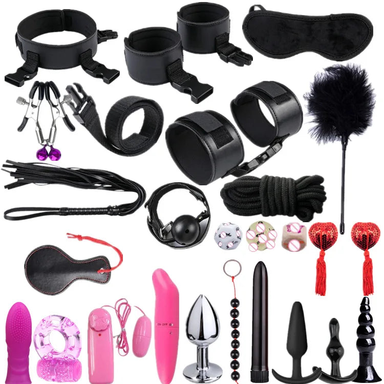 Sex Games Whip Gag Nipple Clamps Sex Toys For Couples Exotic Accessories Sexy Leather BDSM Kits Plush Sex Bondage Set Handcuffs