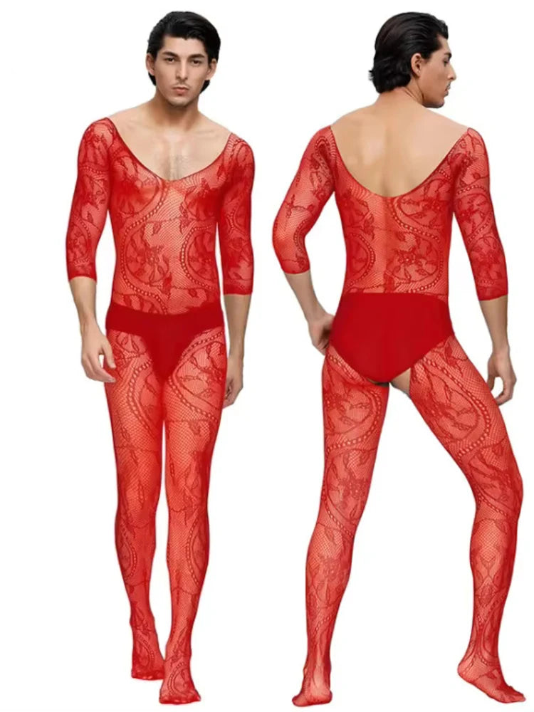 Fishnet Man Body Stockings Fetish Lingerie Sissy Bodysuist Sexy Men's Nightwear Male Fishnet Underwear Guy Erotic Club Wear