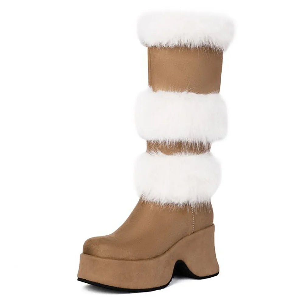 GIGIFOX Platform Furry Boots Chunky High Heeled Winter Autumn Knee High Boots Women Faux Fur Zip Gothic Style Punk Shoes Ladies