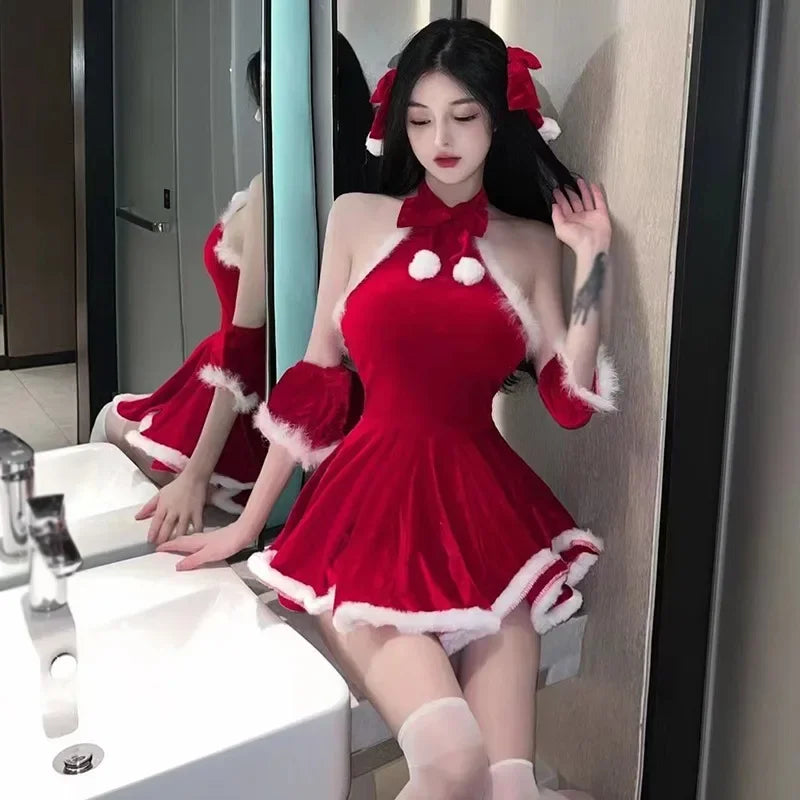 Sexy Backless Dress Women's Grade Hanging Pajama Red Christmas Cosplay Uniform Dress