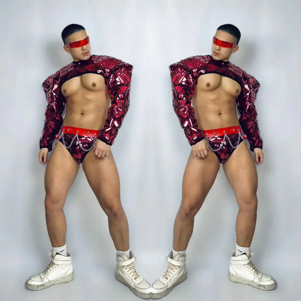 Club Party Show Performance costume Bar Nightclub sexy Technology show men RED Mirror Sequins Muscle Man Pole Dance Outfits