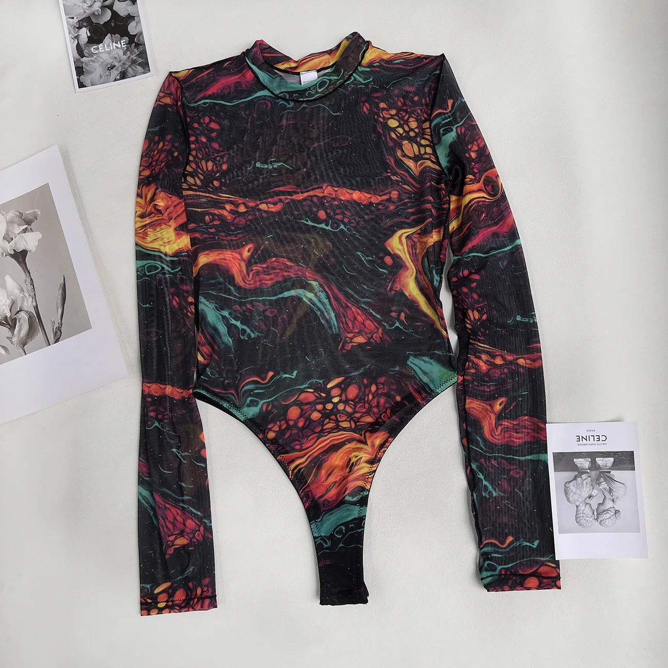 Sexy High Fork Tie Dye Print Bodysuit Women Long Sleeve Cyber Body T-Shirt Game Cosplay Jumpsuit Costume Mesh Transparent