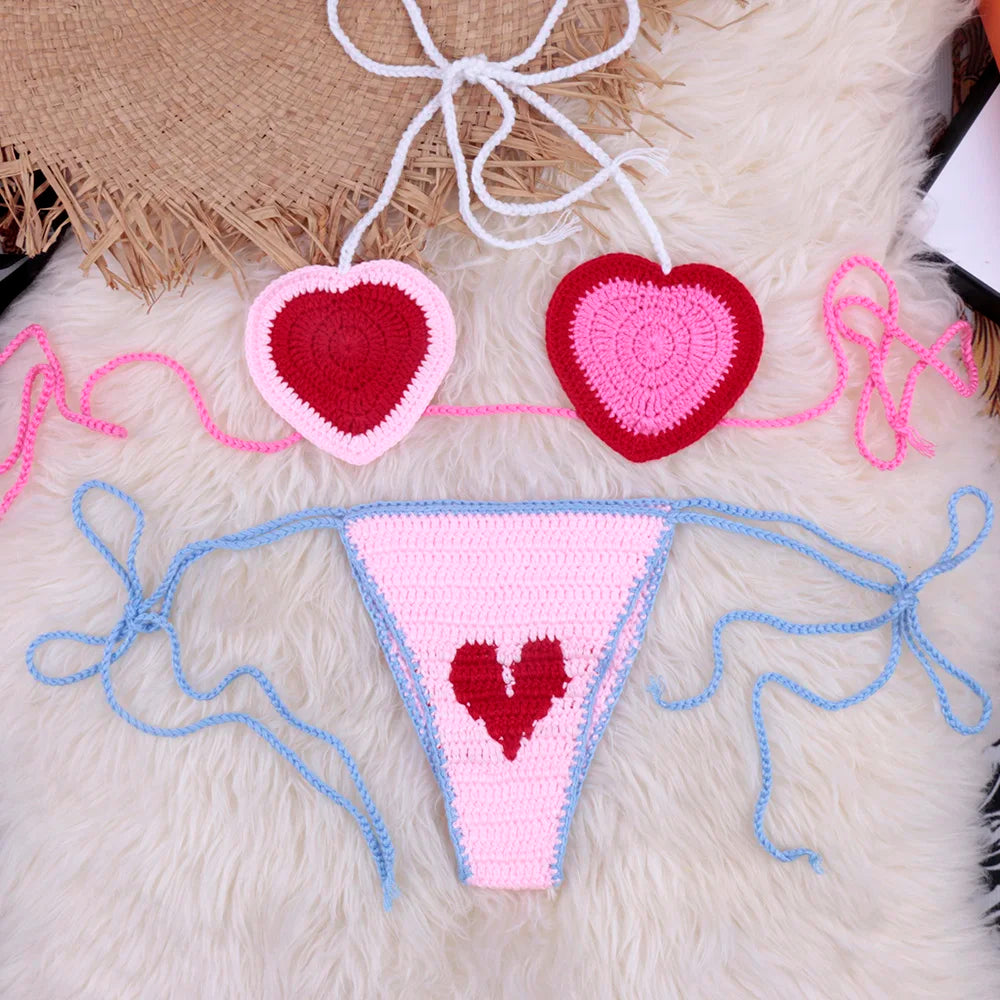 Summer Bikini 100% Handmade Brazilian Crochet Heart yarn Swimsuit Set Sexy Bathing Suit Red and Pink Hot Beachwear Swim Suits Custom