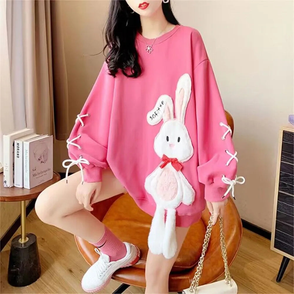 New Rabbit Fleece Hoodies 2025 Oversized Women Casual Sweatshirt Autumn Winter Long Sleeve Fleece Hooded Female Pullovers Tops