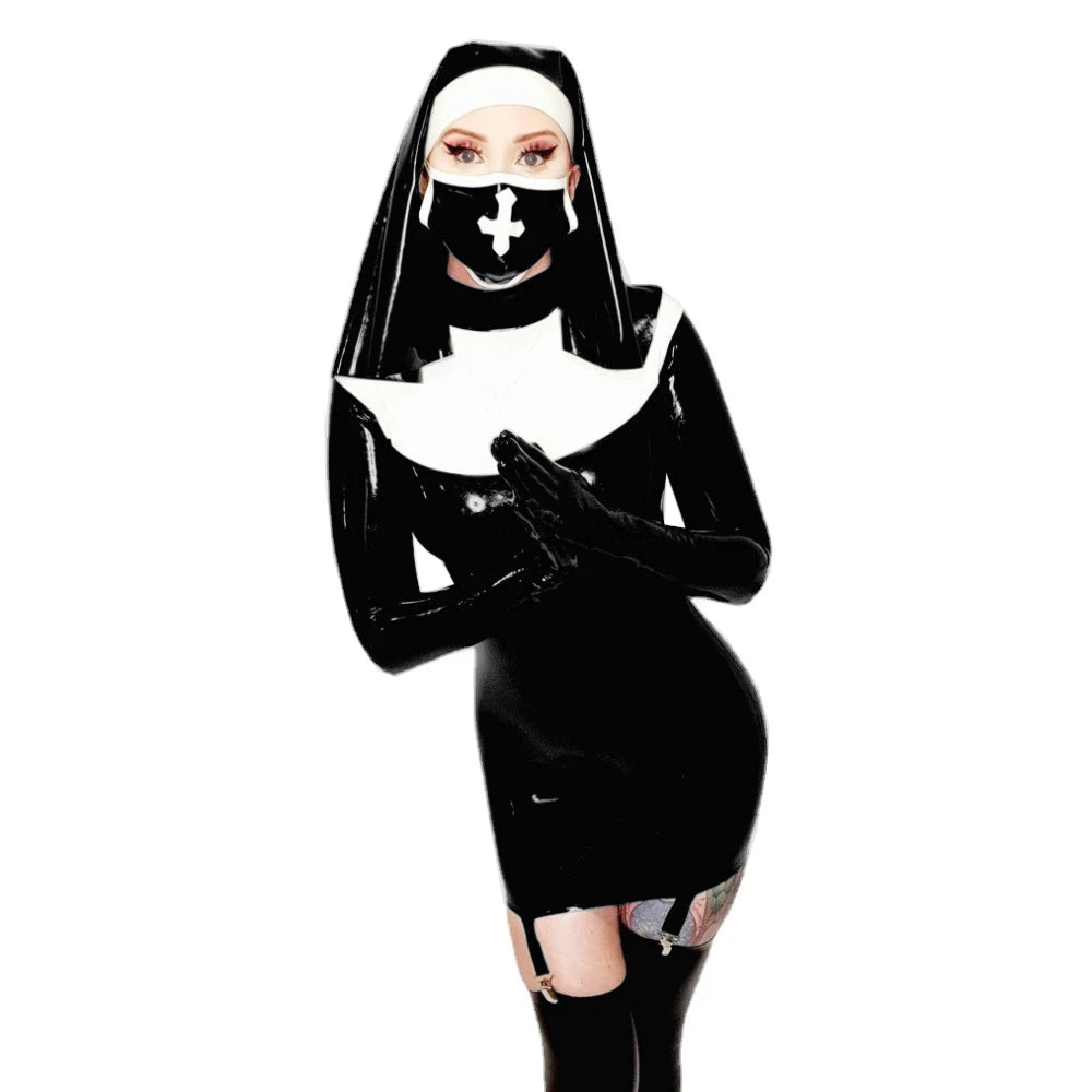 Sexy Nun Cosplay Long Sleeve Bodycon Mini Garter Dress Vinyl PVC Leather High Neck Nun Dress Outfit Halloween Nun Uniform Suit