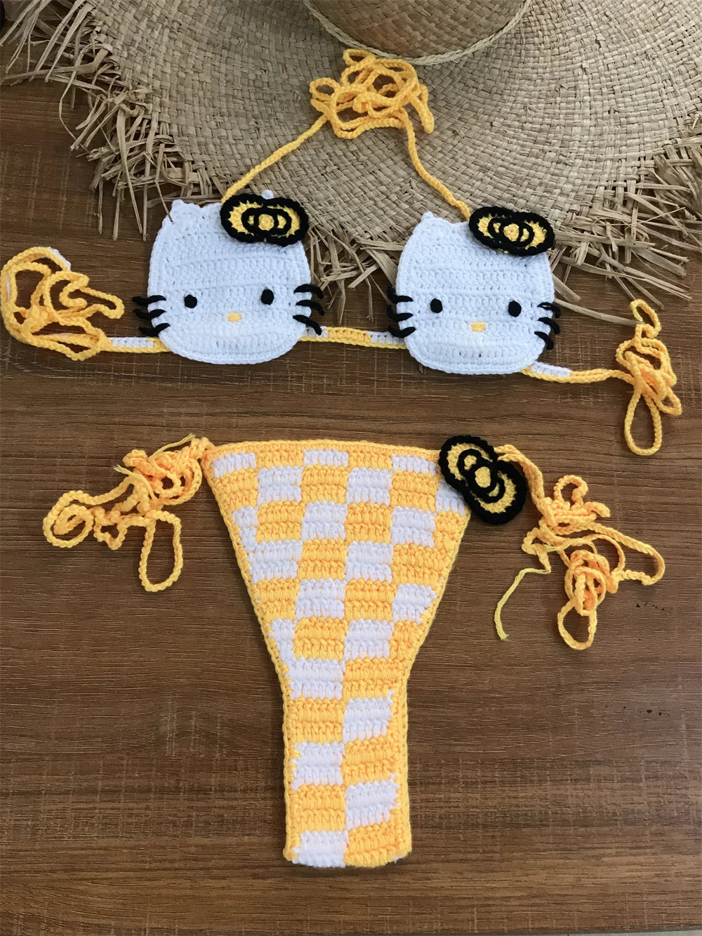 100% Handmade Crochet Brown Bikini Set Swimwear Beachwear Outfit Island Crochet Bikini Bow Cute Bathing Suit Women DIY clothing