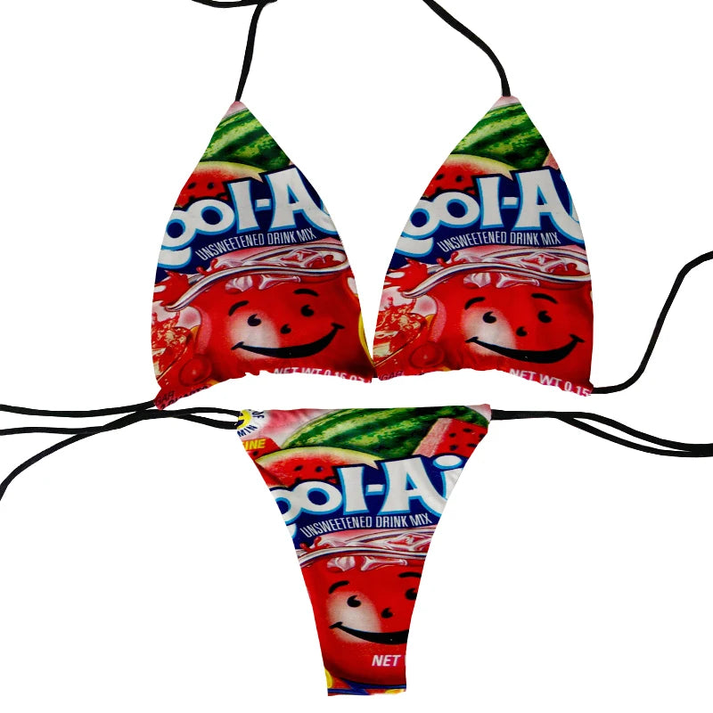 Funny food and potato chip print summer swimsuit women sexy bikini panties thong G-string swimming trunks beachwear