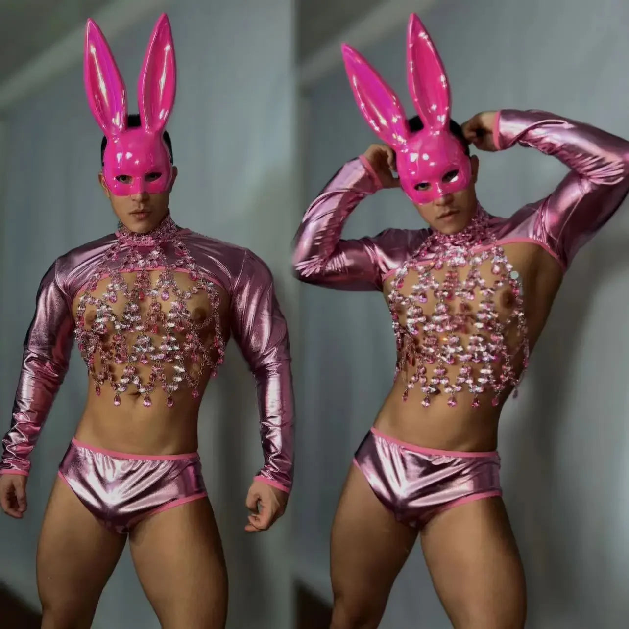 Male Pink Rabbit Masks Rhinestones Chest Chains Sexy Stage Rave Outfits Gogo Dancer Team Nightclub Bar Performance Dance Costume