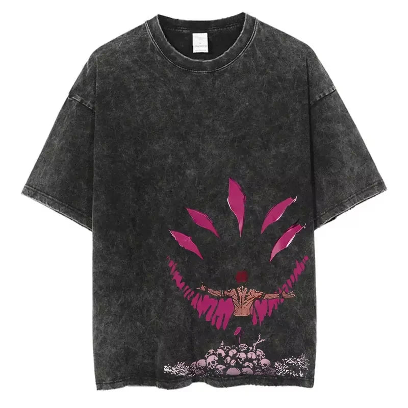 Vintage Black Washed Cotton Tees Shirts Anime Graphic Tshirts for Men Women Casual Short Sleeve Tops Cosplay Hip Hop Streetwear