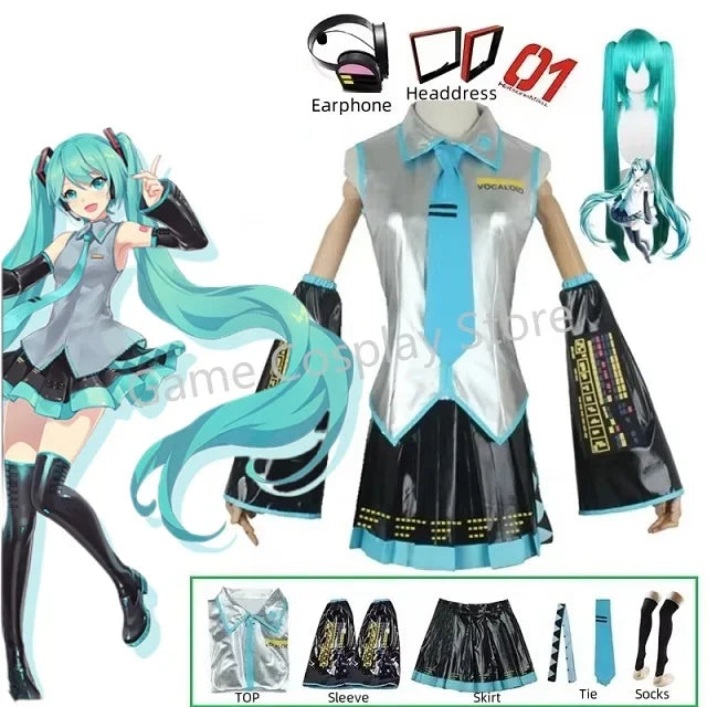 Miku Cosplay Silver Leather Fabric Suit Hatsune Miku Cosplay Headwear Costume JK Sailor Dress High School Halloween Uniform Wig