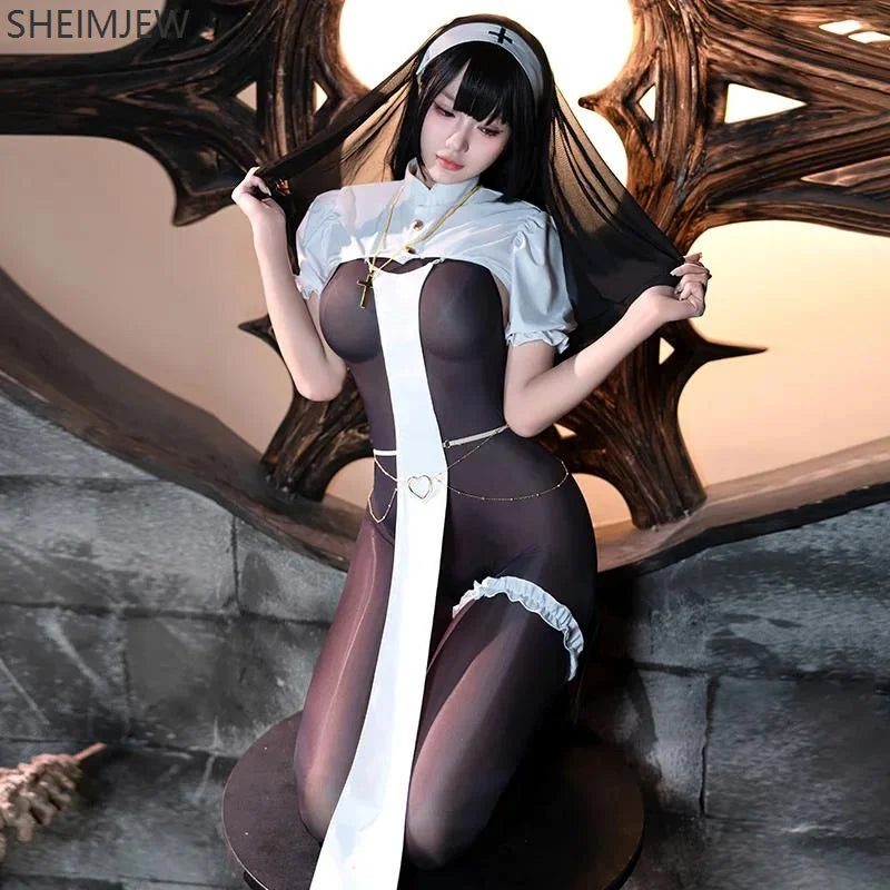 Women Sexy Nun Cosplay Costume Halloween Adult See-through Maid Open Crotch Jumpsuit With Veil Carnival Party Nightclub Bar Suit