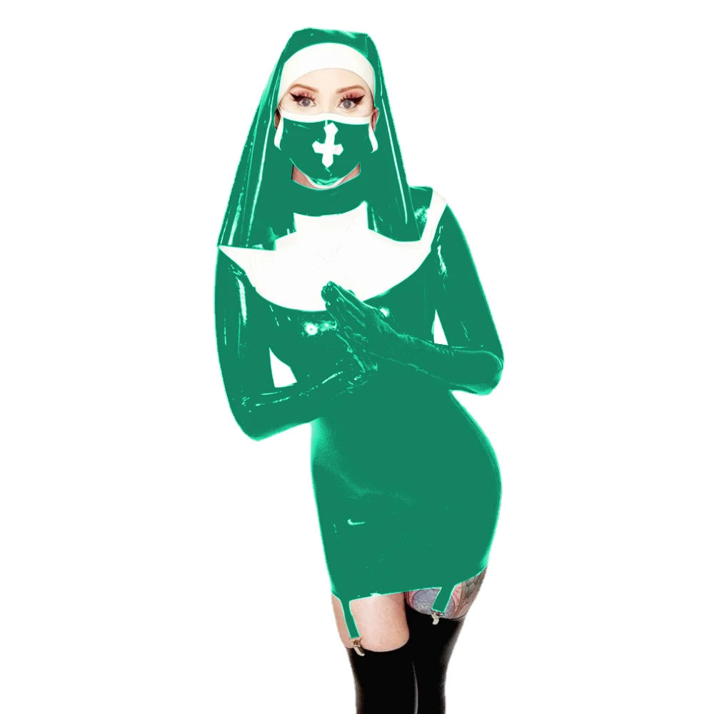 Sexy Nun Cosplay Long Sleeve Bodycon Mini Garter Dress Vinyl PVC Leather High Neck Nun Dress Outfit Halloween Nun Uniform Suit